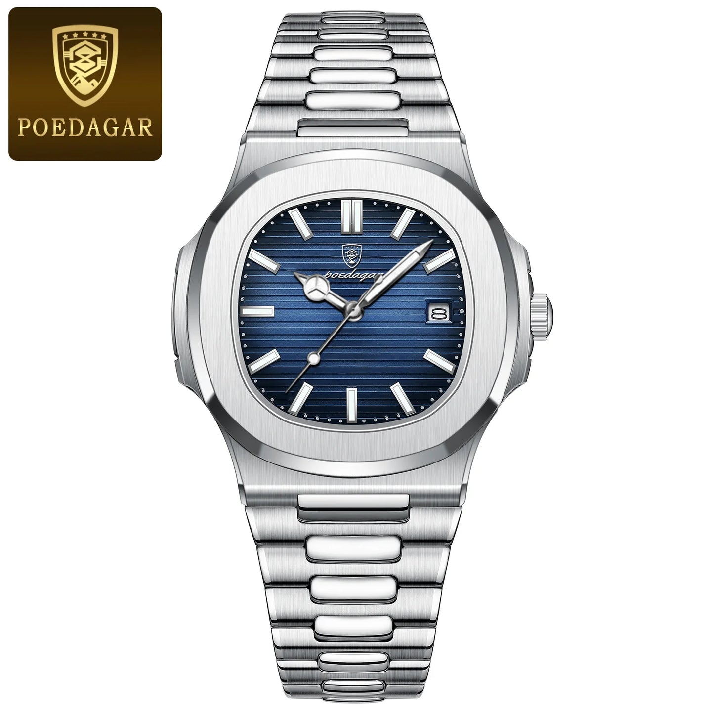 POEDAGAR Fashion Square Male Quartz Watch Waterproof Luminous Date Stainless Steel Man Watch Business Luxury Men's Watches Reloj
