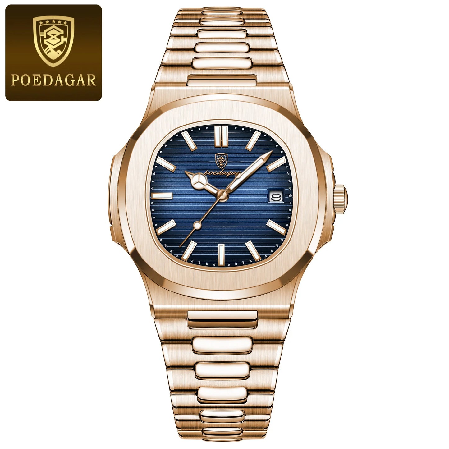 POEDAGAR Fashion Square Male Quartz Watch Waterproof Luminous Date Stainless Steel Man Watch Business Luxury Men's Watches Reloj